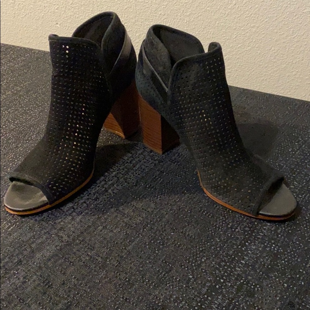 Black suede open toe booties